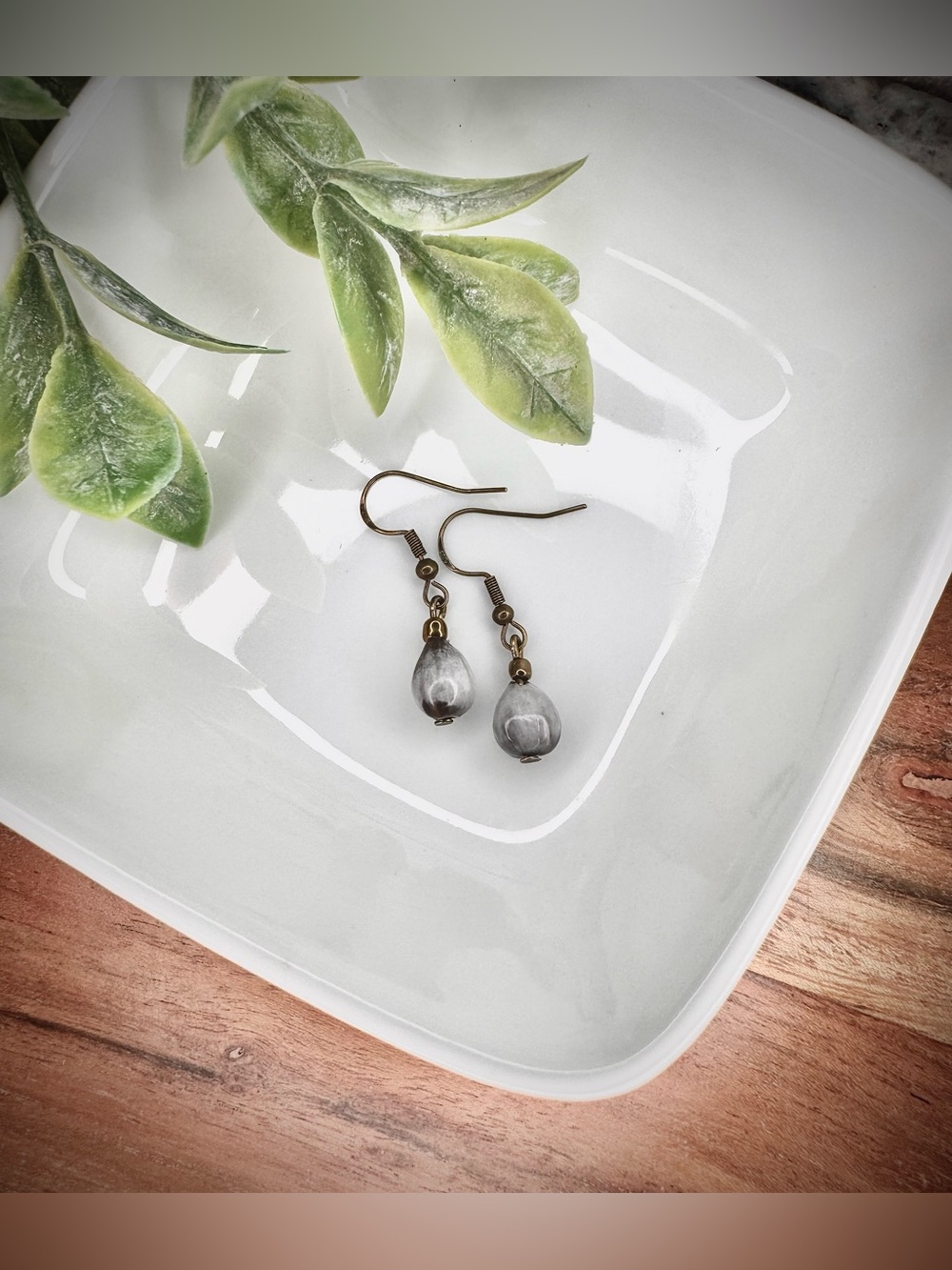 Job’s Tears Seed Bead Dangle Earrings w Antique Bronze 925 Sterling Silver Hooks
